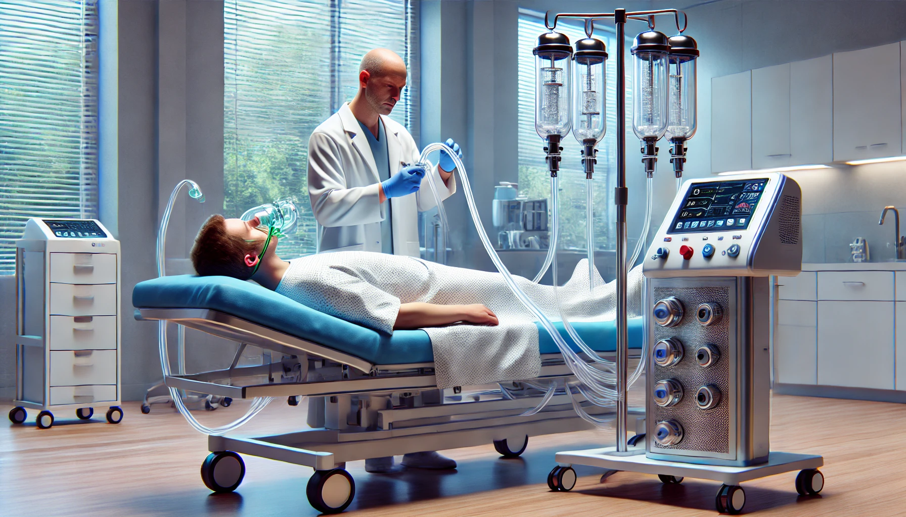 DALL·E 2024-07-15 15.37.09 - Create a hyper-realistic landscape image of ozone therapy. The scene should show a medical professional administering ozone therapy to a patient using